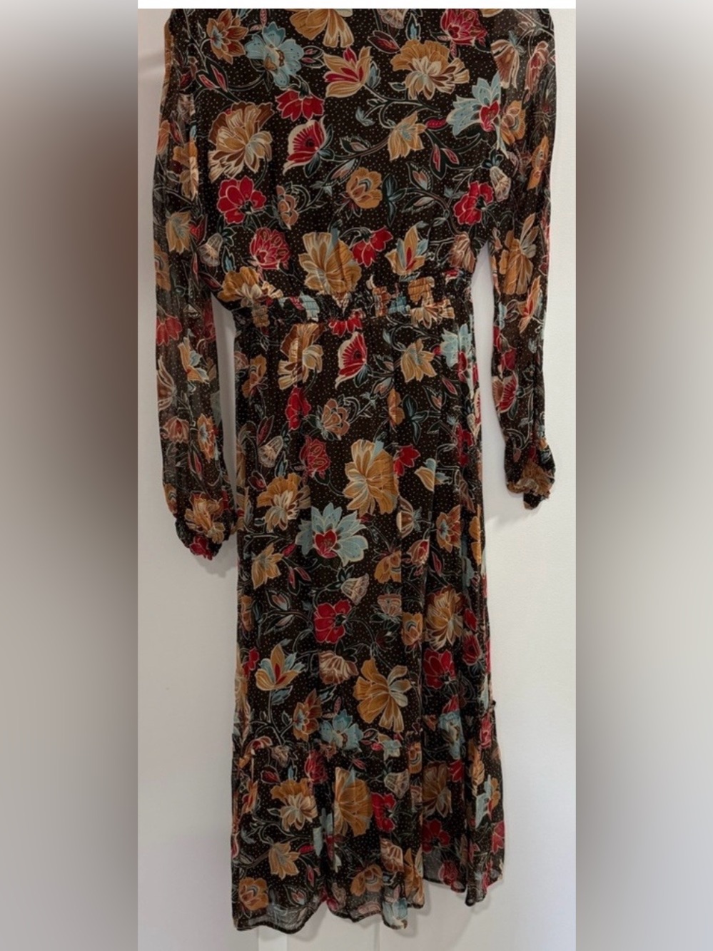 Sezane Floral Long Sleeve Midi Dress with Mustard & Red Bloom - Picture 1 of 3